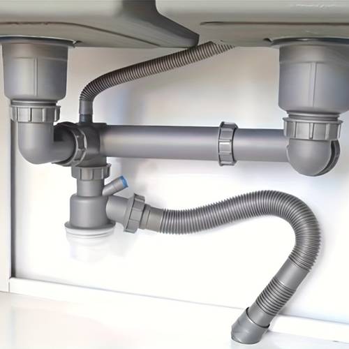a set of popular double head double basin drainers made of stainless steel featuring a 110mm universal kitchen sink drainage system with a removable transparent residue trap an overflow pipe