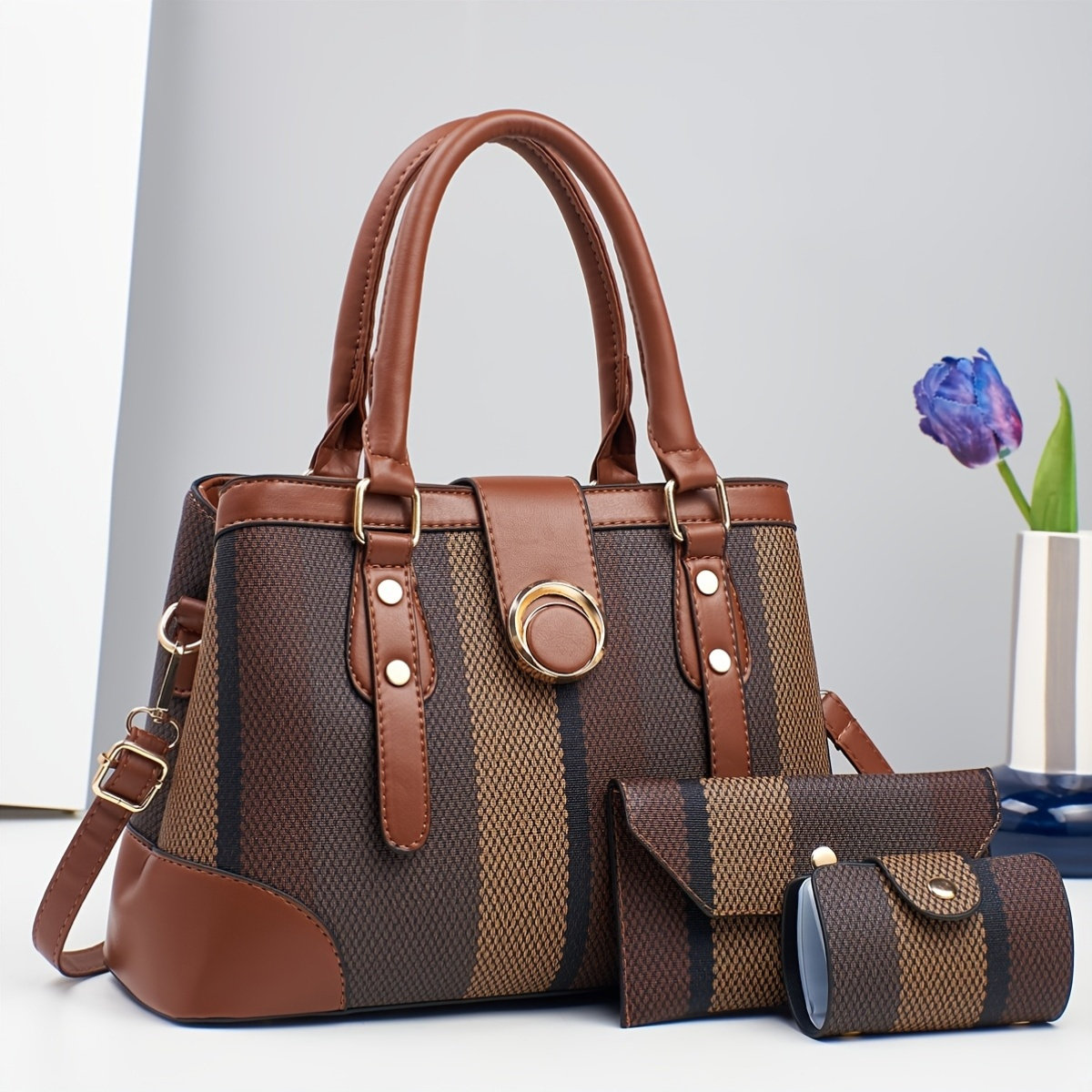 Brown Triangle Flap 3 IN 1 Fashion Modern Stylish Handbag Set 3 IN 1 TRIANGLE LOGO SATCHEL SET > Satchel > Mezon Handbags main image 3