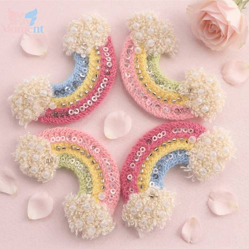 a set of 2 handmade woven colorful cloud fabric patches featuring cute sequined pearl clouds 3d fluffy textile decorations suitable for clothing bags hats and sewing craft supplies