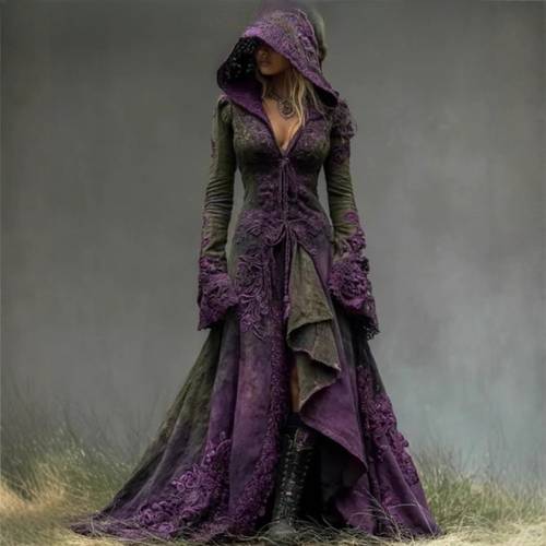 new trade womens halloween hooded v neck long sleeved long dress with 3 printing pattern from europe and america