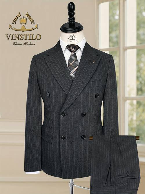 new style men business stripe suit double breasted two pieces fit high quality fabric set wedding party costume