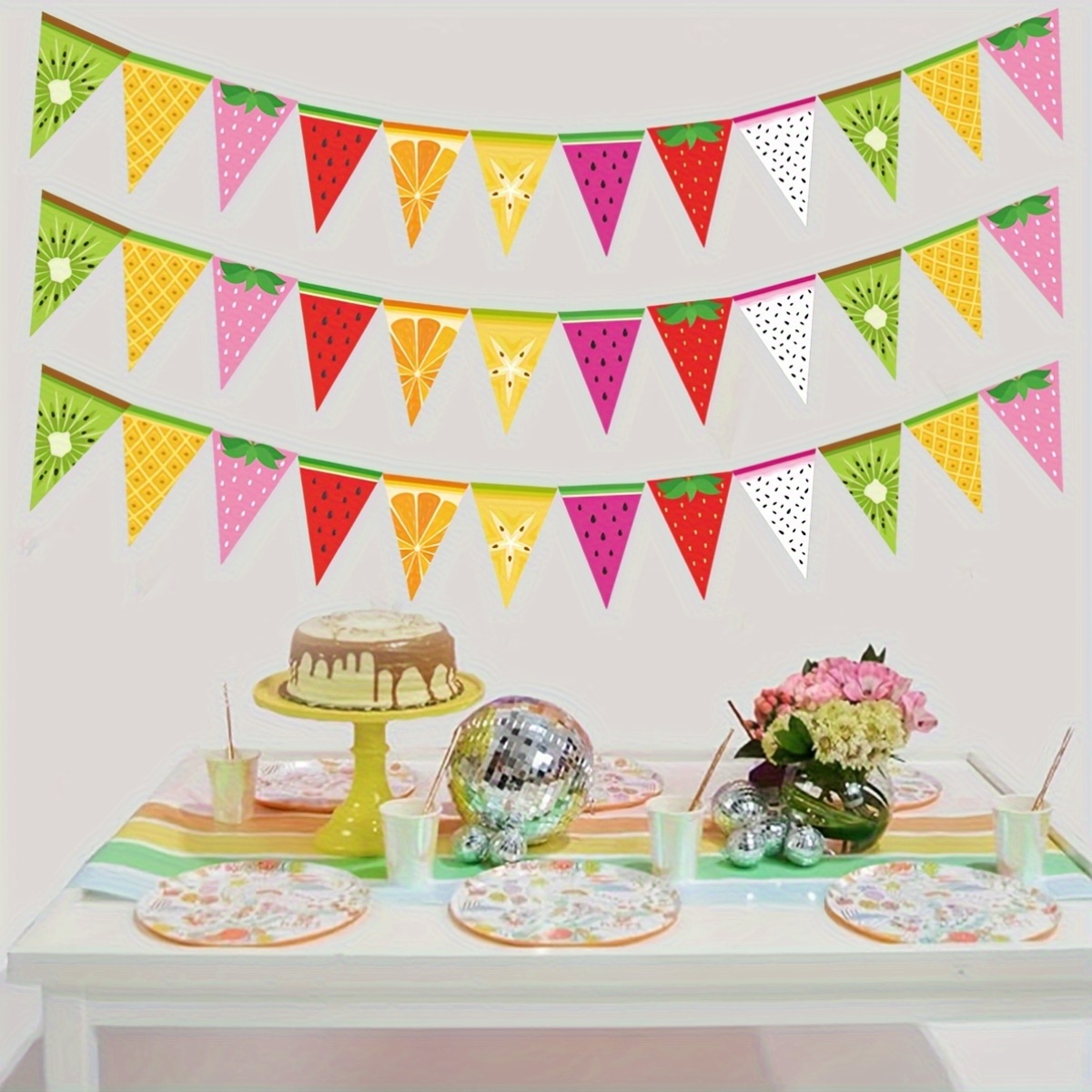 fruit birthday party decorations triangular fruit banners summer fruit themed banners featuring sweet pineapples watermelons and strawberries for a twotti   birthday celebration