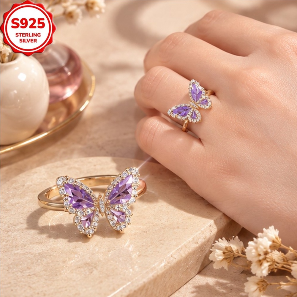 Women's 3D Purple Butterfly Shaped Adjustable Ring with Zirconia