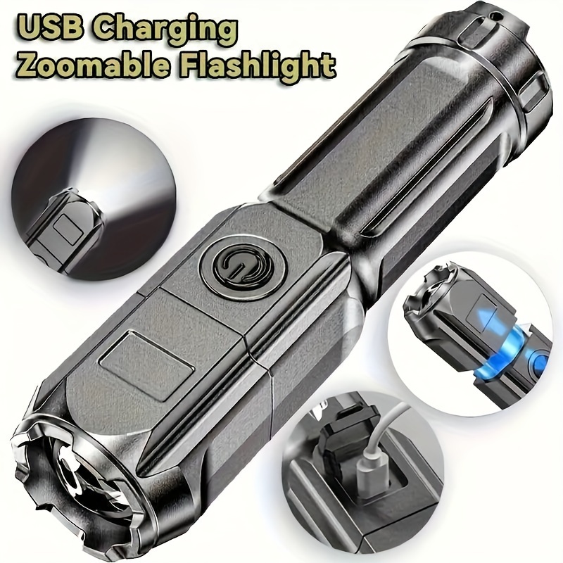 TEMU 1pc Flashlight, Portable Rechargeable Long-distance Beam, Ip65, Abs Material, High- Led Torch, Adjustable Zoom Flashlight For Outdoor And Home