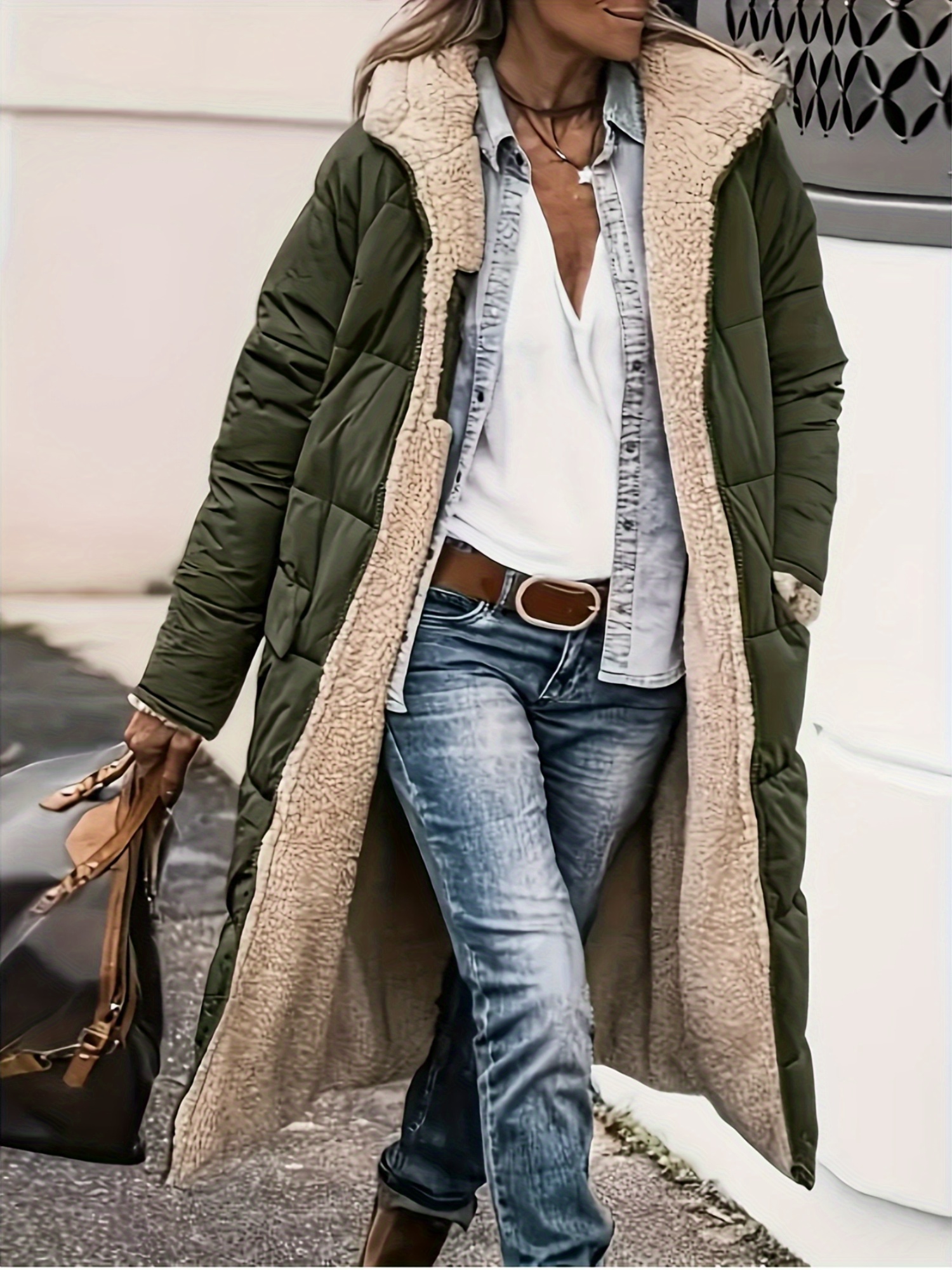 elementbilde vestlig stil utvidet fleeceforet tykk reversibel damejakke vinter   jakke