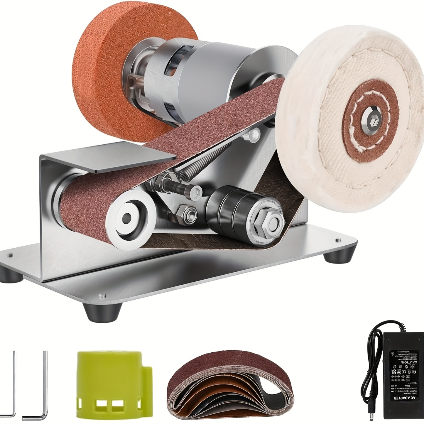 mini electric belt sander multifunctional diy polishing grinding machine with   control stainless steel body   polishing wheel grinding wheel hex wrenches screws 110v 240v plug in operation