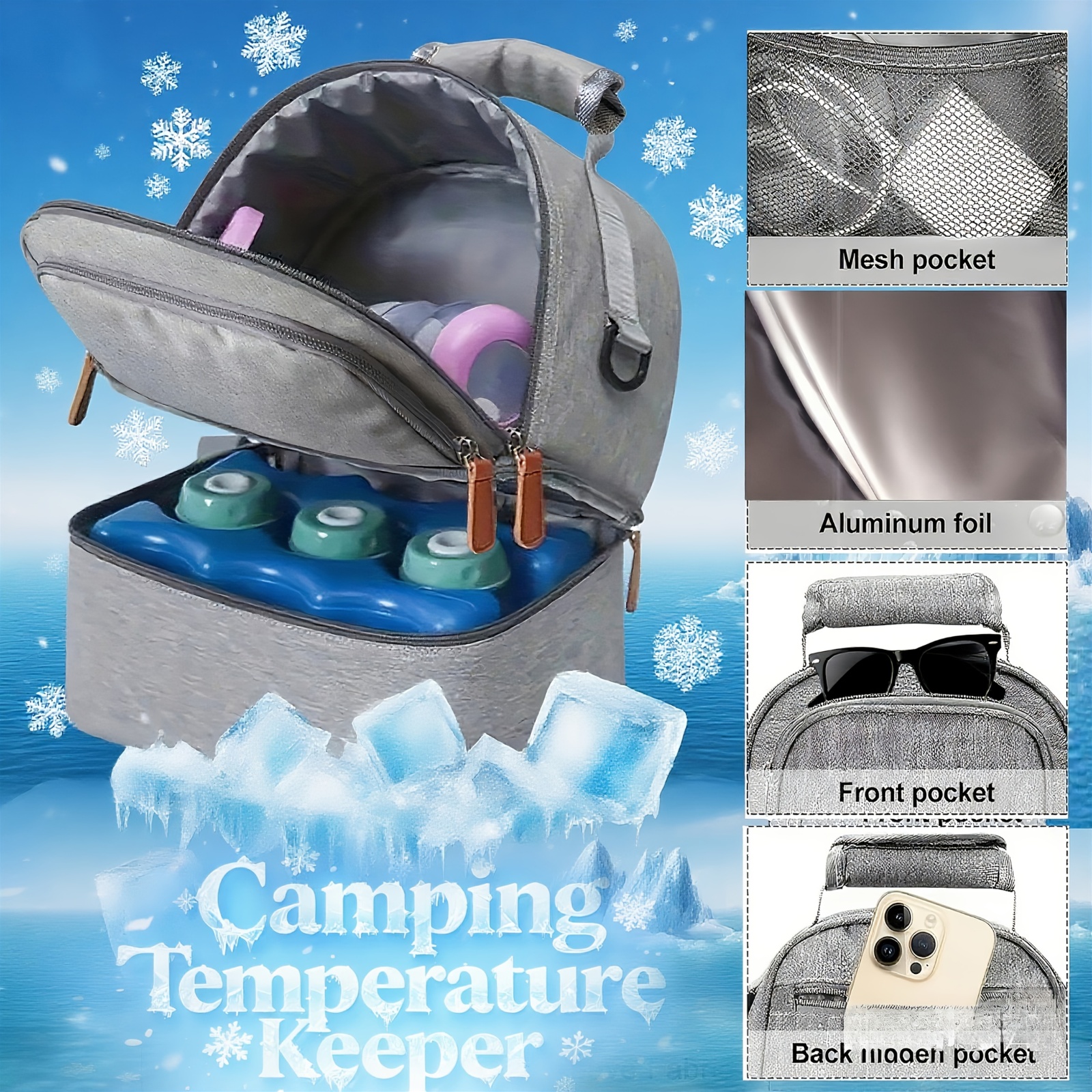   tech   thermal organizer tote - premium cooler bag with temperature-control compartments & ice packs, durable oxford fabric, unisex travel essential for  ,  , camping - holiday surprise gift (grey/blue/black),   essentials,  , sturdy construction,  ,  , reinforced stitching, office workers 0