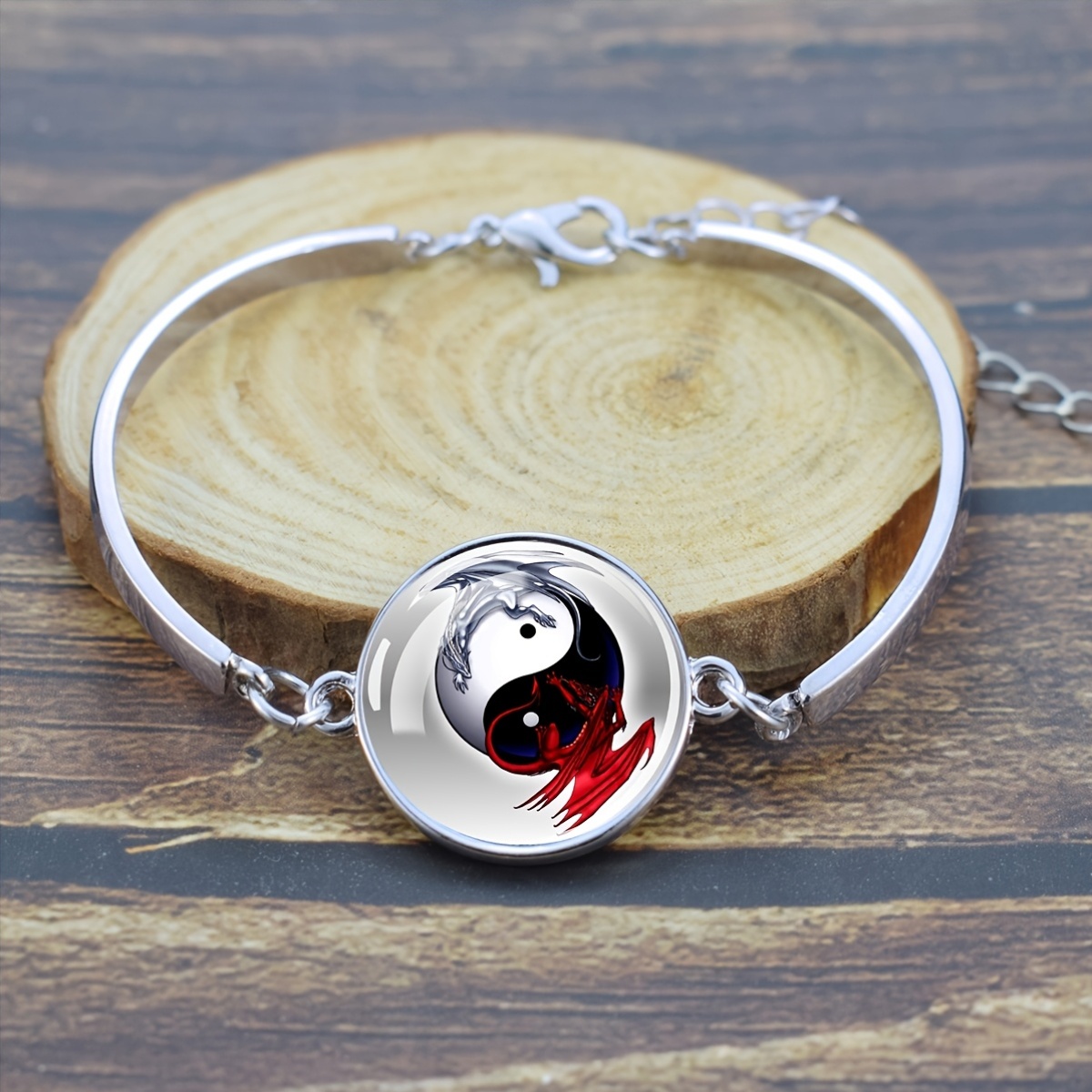 Yin Yang Dragon Design Glass Dome Adjustable Bracelet