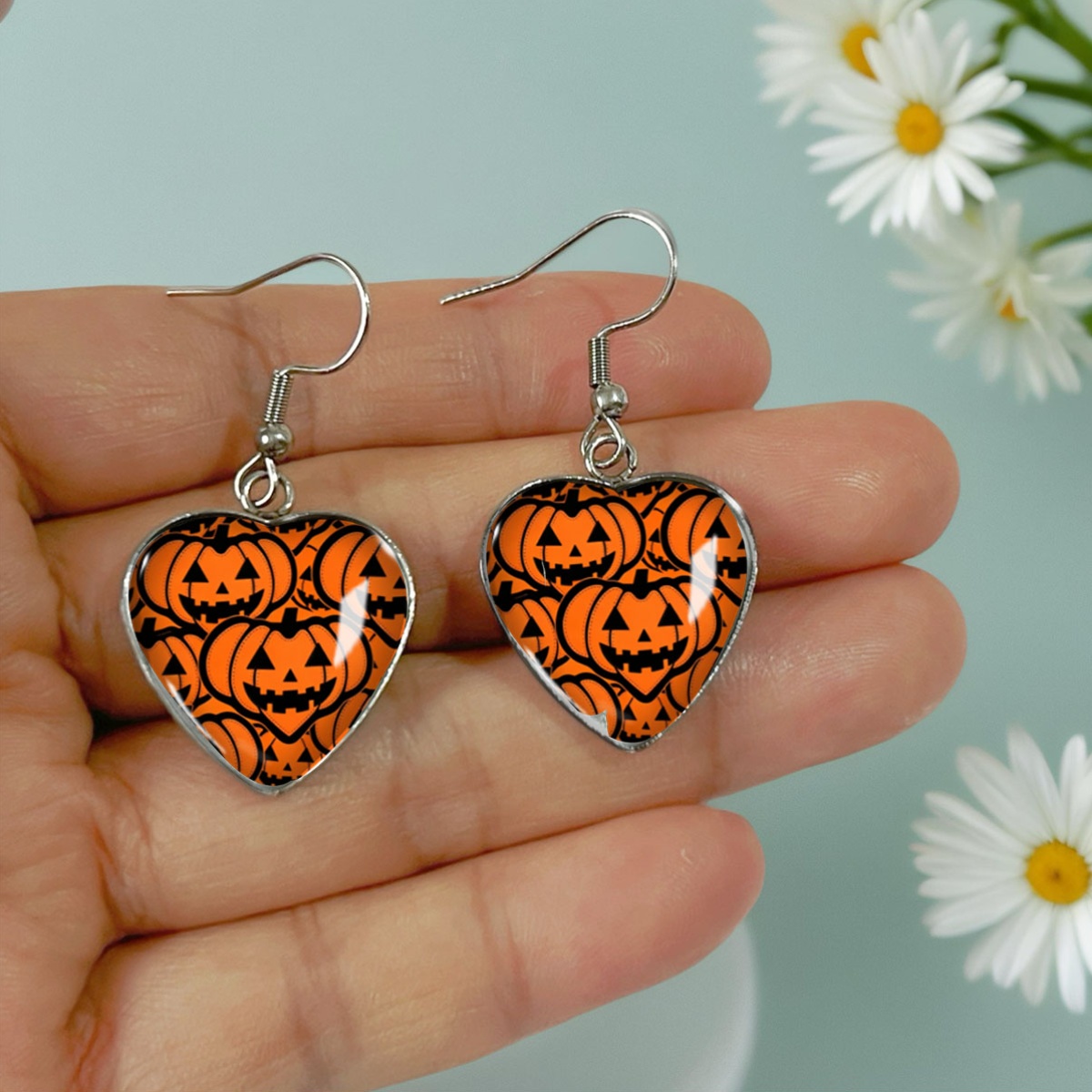 Jack-O'-Lantern Pattern Heart Earrings, Unisex