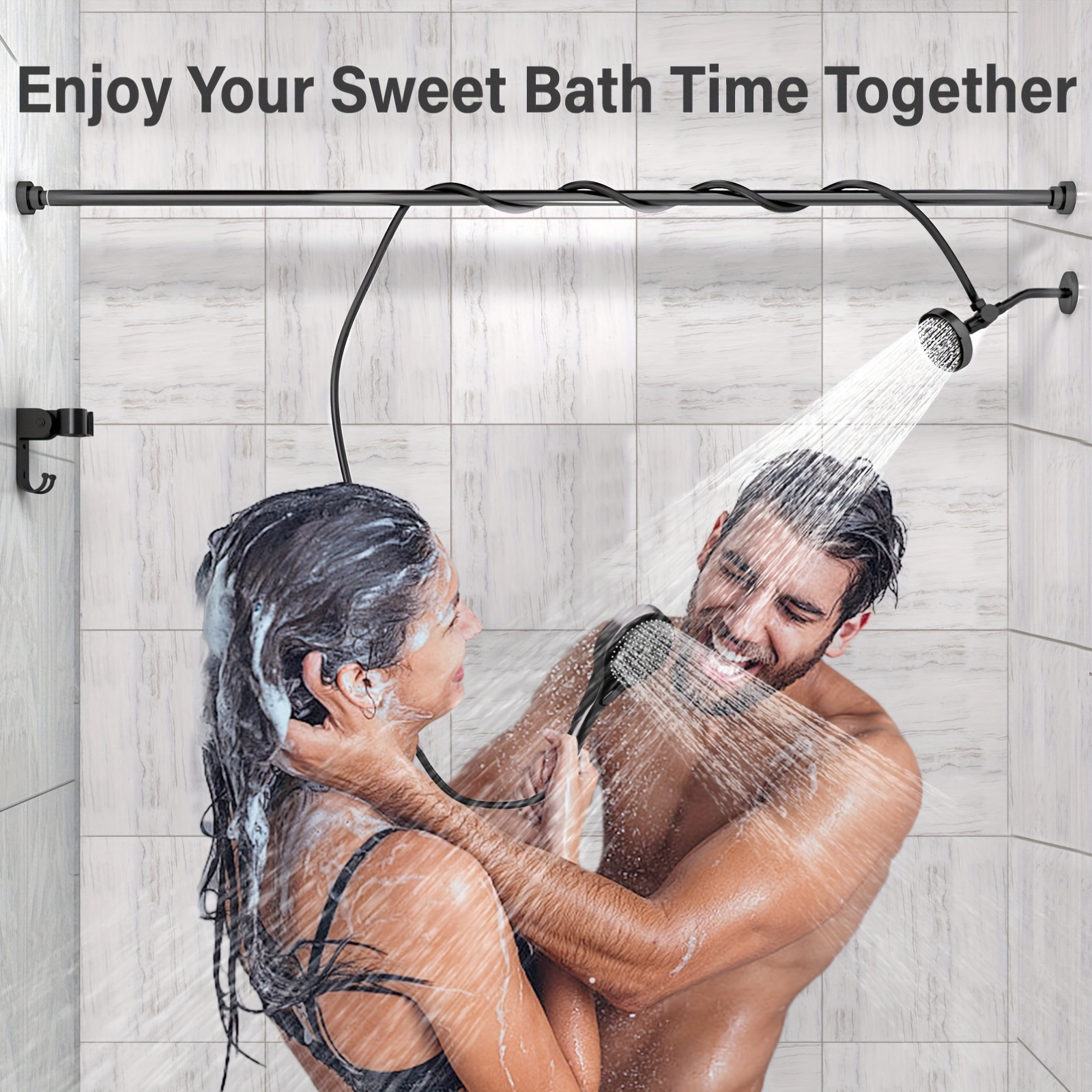 Tandem Shower Head For Couples - Dual High Pressure Heads, 5 Spray Modes Each, 3 Meter Hose, Matte Black