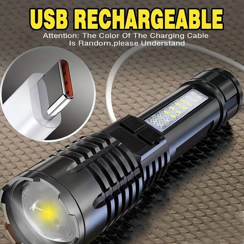 high brightness rechargeable led flashlights a total of 5 cob side lights adjustable focus usb c interface suitable for outdoor travel and emergency bright outdoor lighting