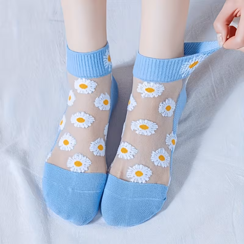 Print Transparent Ankle Socks – 5 Pair Set” 5 pairs of floral print short socks breathable lightweight transparent socks womens crystal stockings and socks 2