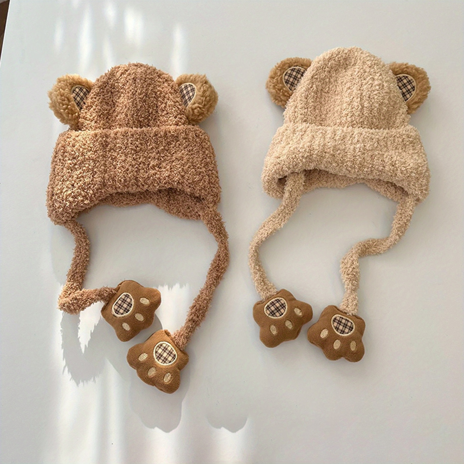 item picture soft fluffy winter hat with ears plush bunny bear like ear caps for s toggle closure no zippers green pink beige   cozy unisex beanie for indoor outdoor play christmas new year parties