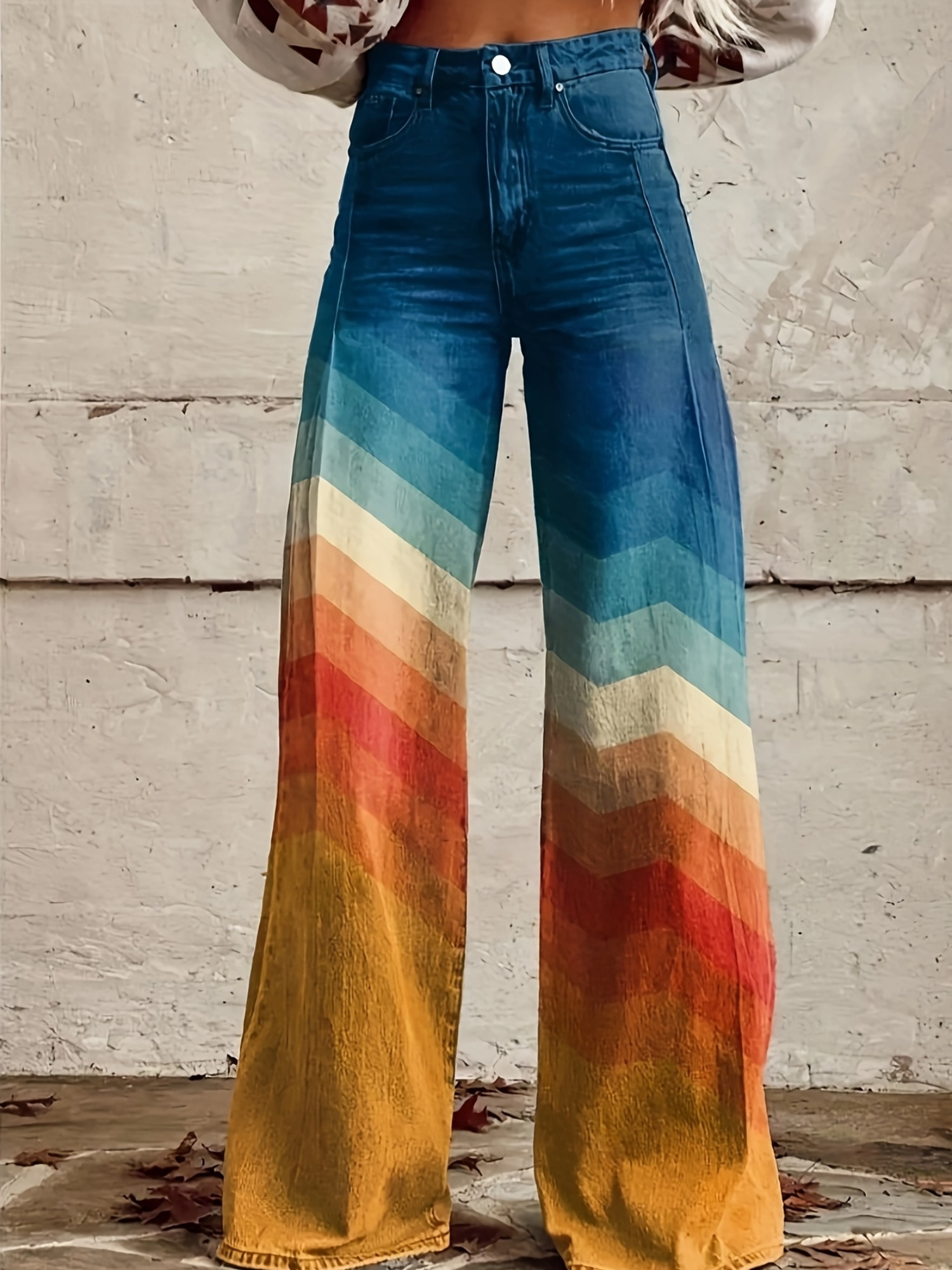Women's Flare Jeans 2025 Wide Leg Baggy Pant Vintage Floral Print