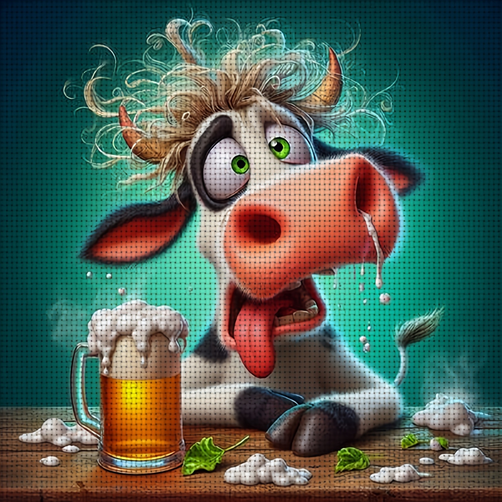 Cross-Stitch Printed Kit, Drunk Cow Tongue Out Drinking Beer