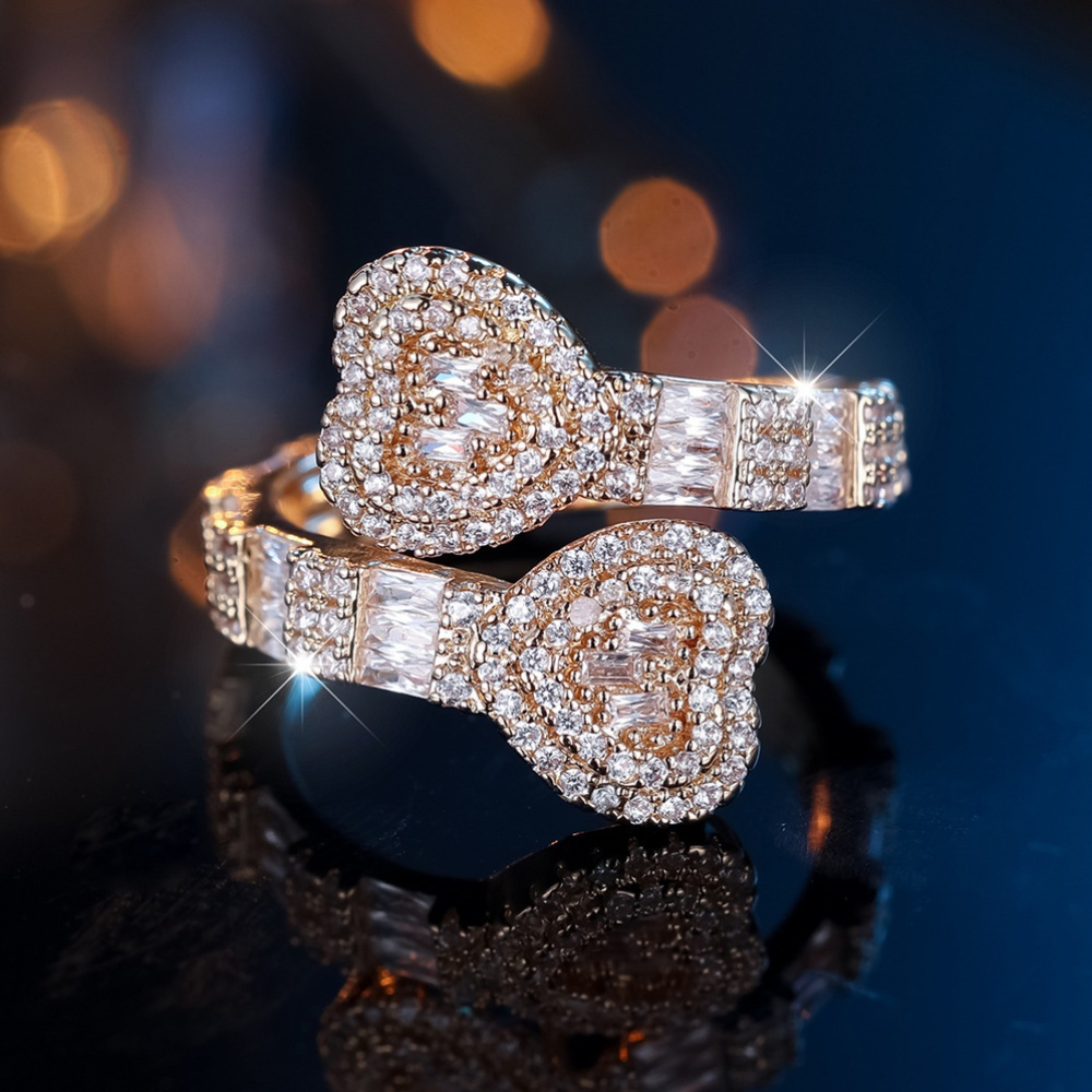 Women's Grand Double Heart Sparkling Open Ring with Synthetic Zirconia