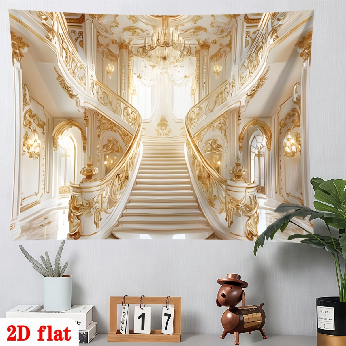 Golden Ornate Staircase White Marble Chandelier Backdrop Banner for Parties