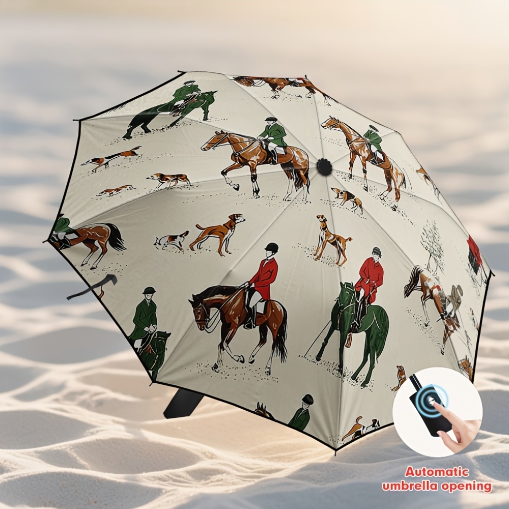TEMU 1pc, Equestrian Dogs Art-inspired Folding Umbrella, Blocking, 8-rib Sturdy Frame, Suitable For Students, Office , Easy To Hold, Bag Space