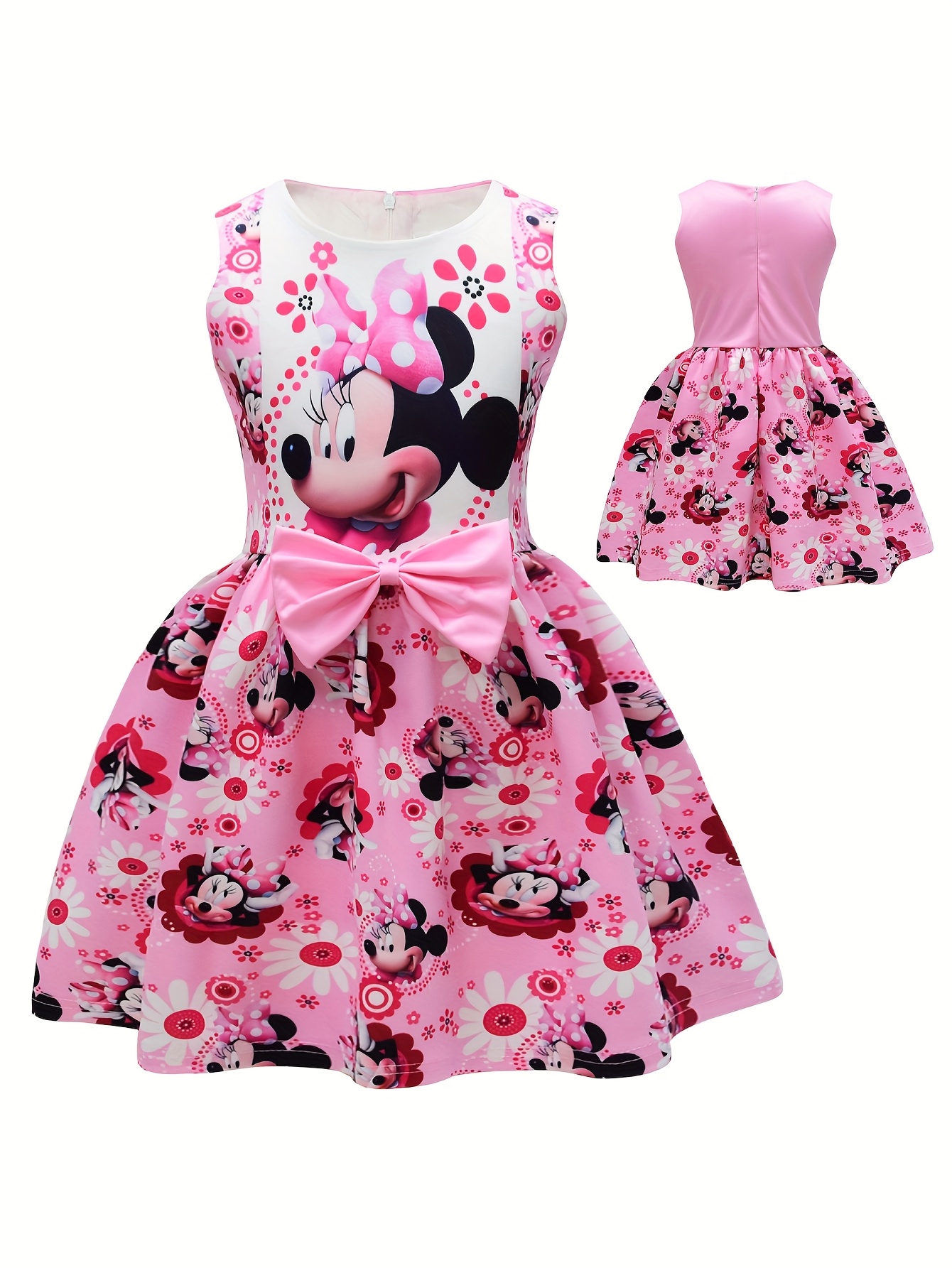 Disney Minnie Mouse meisjesjurk - mouwloze roze bloemen en polkadot ontwerp met strikdetail, zacht stretch polyester-spandex mengsel