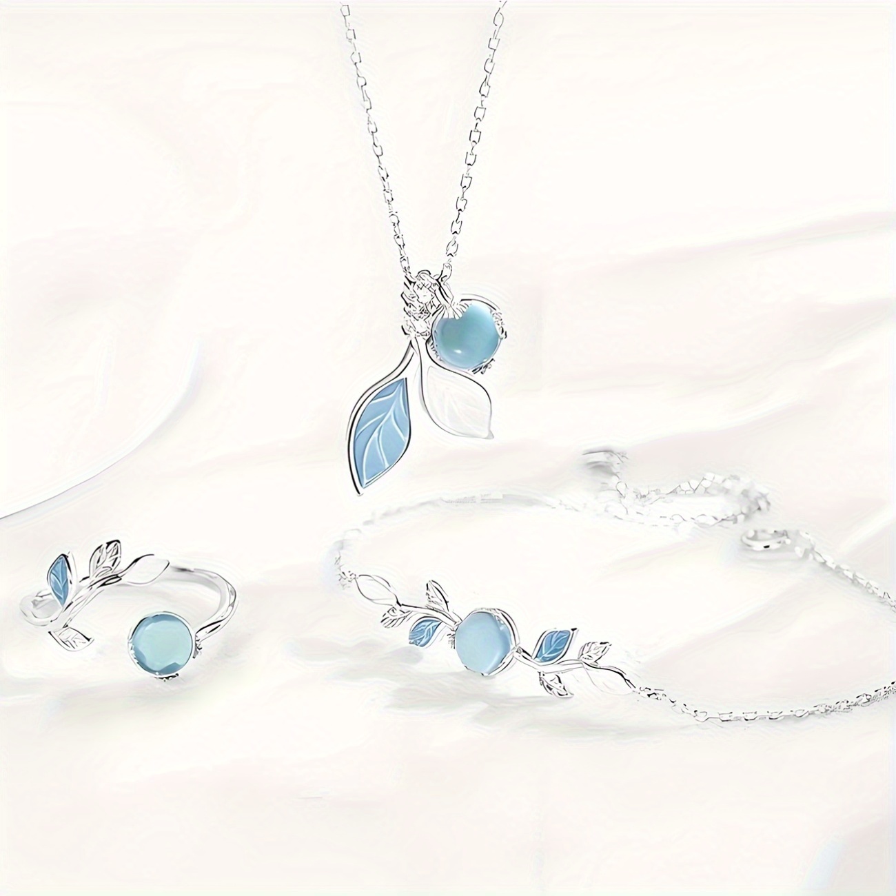 Moonstone Leaf Jewelry Set - Necklace, Ring, Bracelet - Silvery Plated