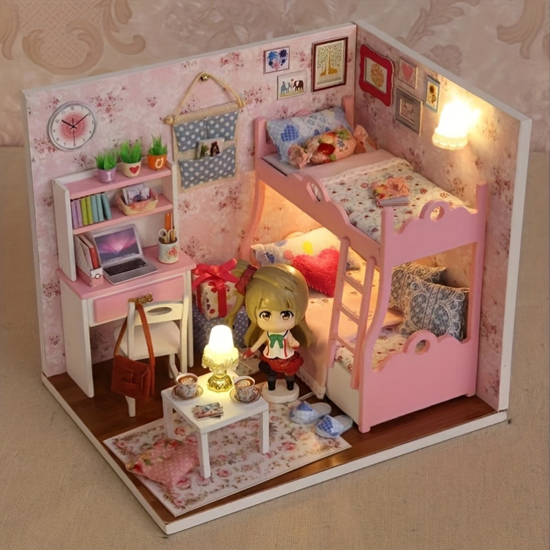 1pc miniature dollhouse kit wooden house with pink bunk bed floral