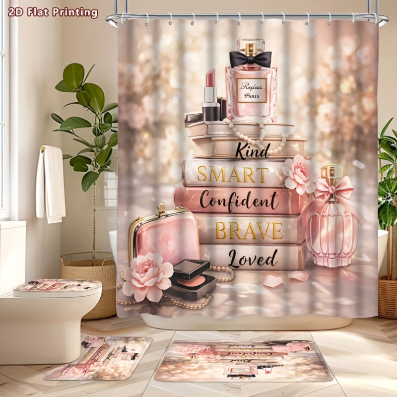4pcs 2D Flat Beauty Shower Curtain Set with U-Shaped Toilet Lid Cover