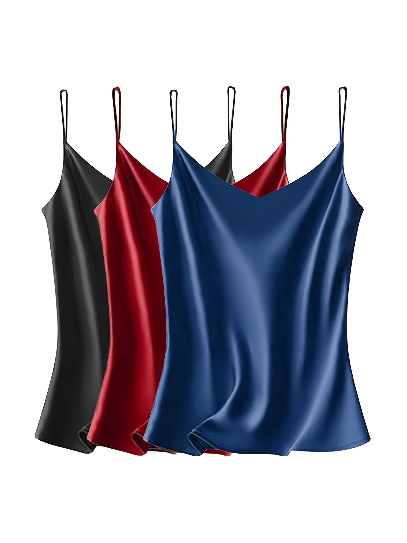 3pcs womens satin camis v neck sleeveless loose fit polyester solid colors black white yellow   spring summer casual wear casual wear camis   camis polyester fabric