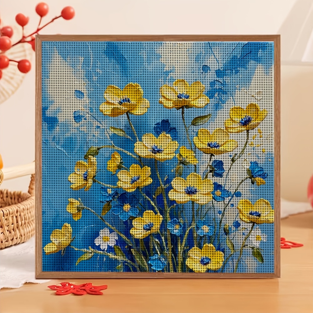Blue Background Yellow Flower Oil Painting Pattern Stitch Kit
