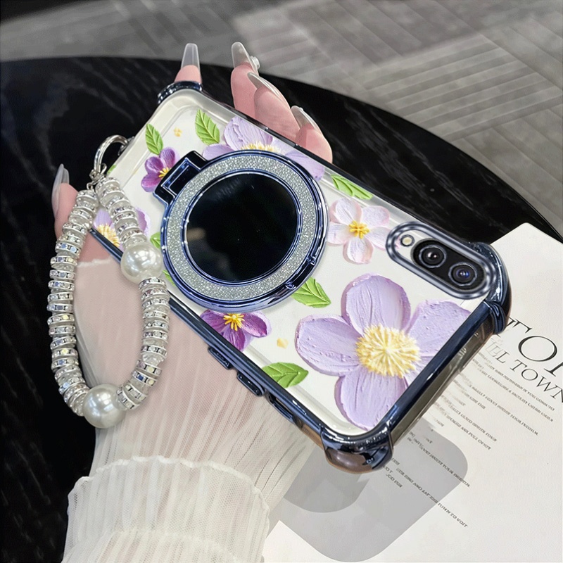 phone case oil painting of purple flowers thermoplastic polyurethane water diamond pearl pendant lanyard glitter makeup mirror stand phone holder case with durable protector compatible with samsung galaxy a02 a02s