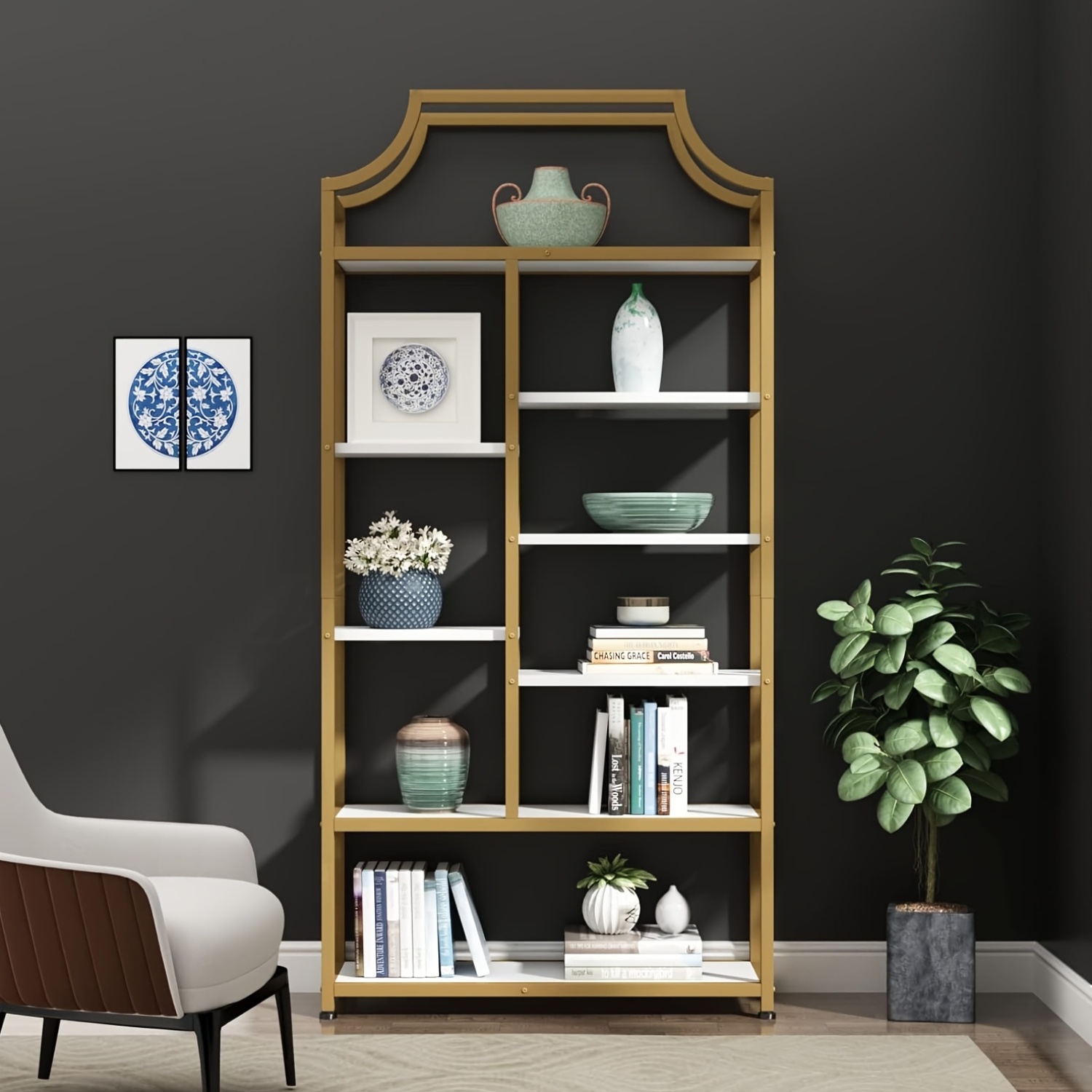 8-Tier Entryway Ladder Shelf - Tall Storage & Display Rack With White Shelves - Golden & Black Options - Perfect For Hallway, Living Room, Bedroom