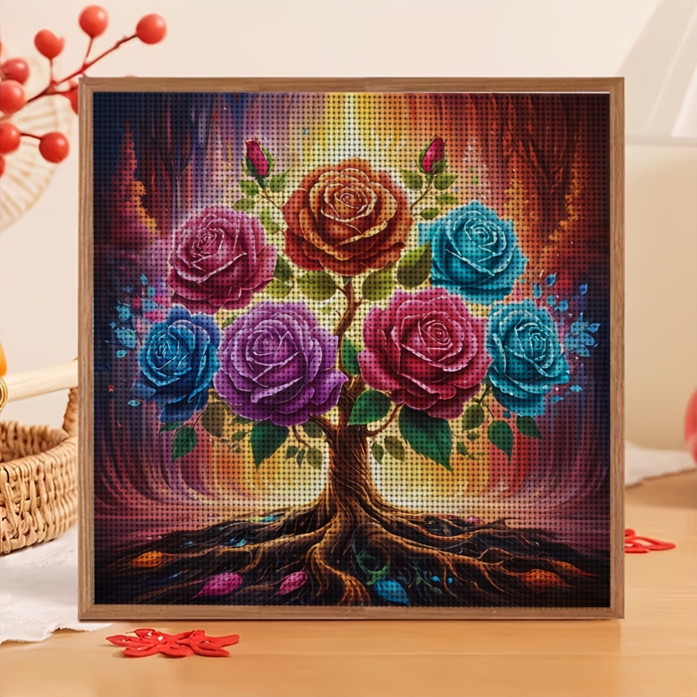 Frameless Stitch Printed Kit, Rainbow Rose Tree Pattern
