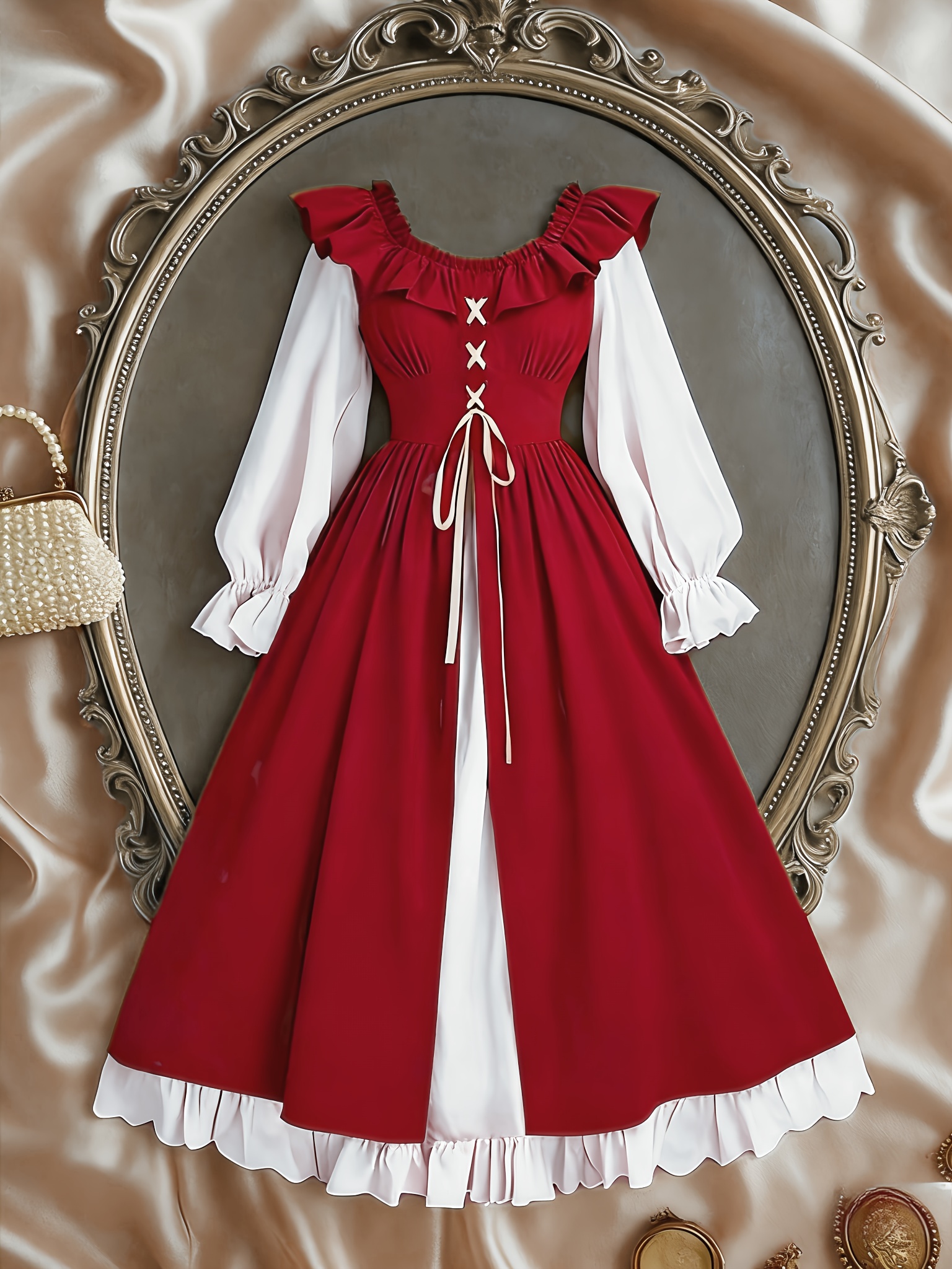 a vintage red lace puff dress christmas featuring a retro - Temu Oman
