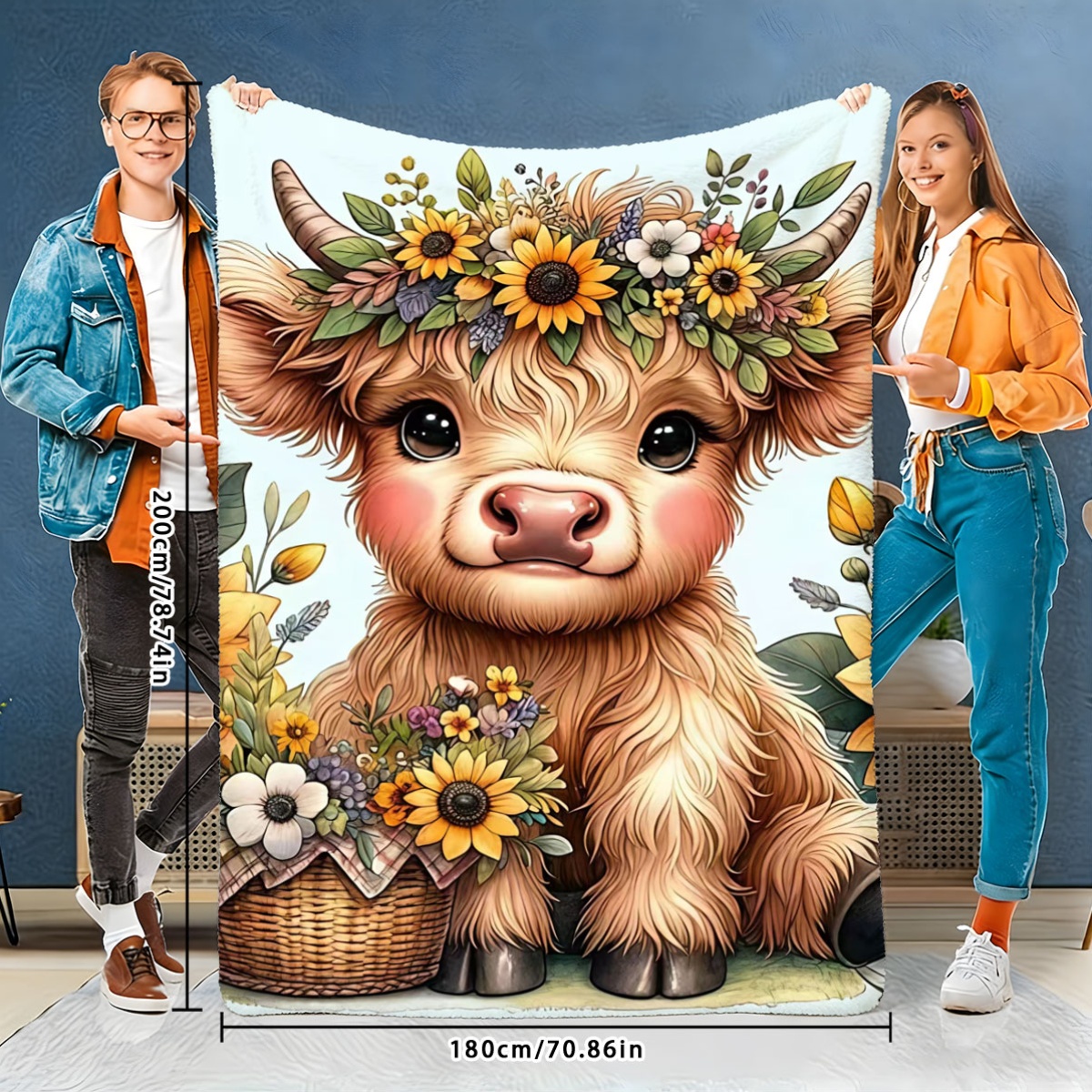 item picture 1pc sunflower wreath highland cow blanket soft and cute long haired cow with warm wild flower basket   healing atmosphere flannel soft and warm   used as sofa cover blanket bedroom bed cover