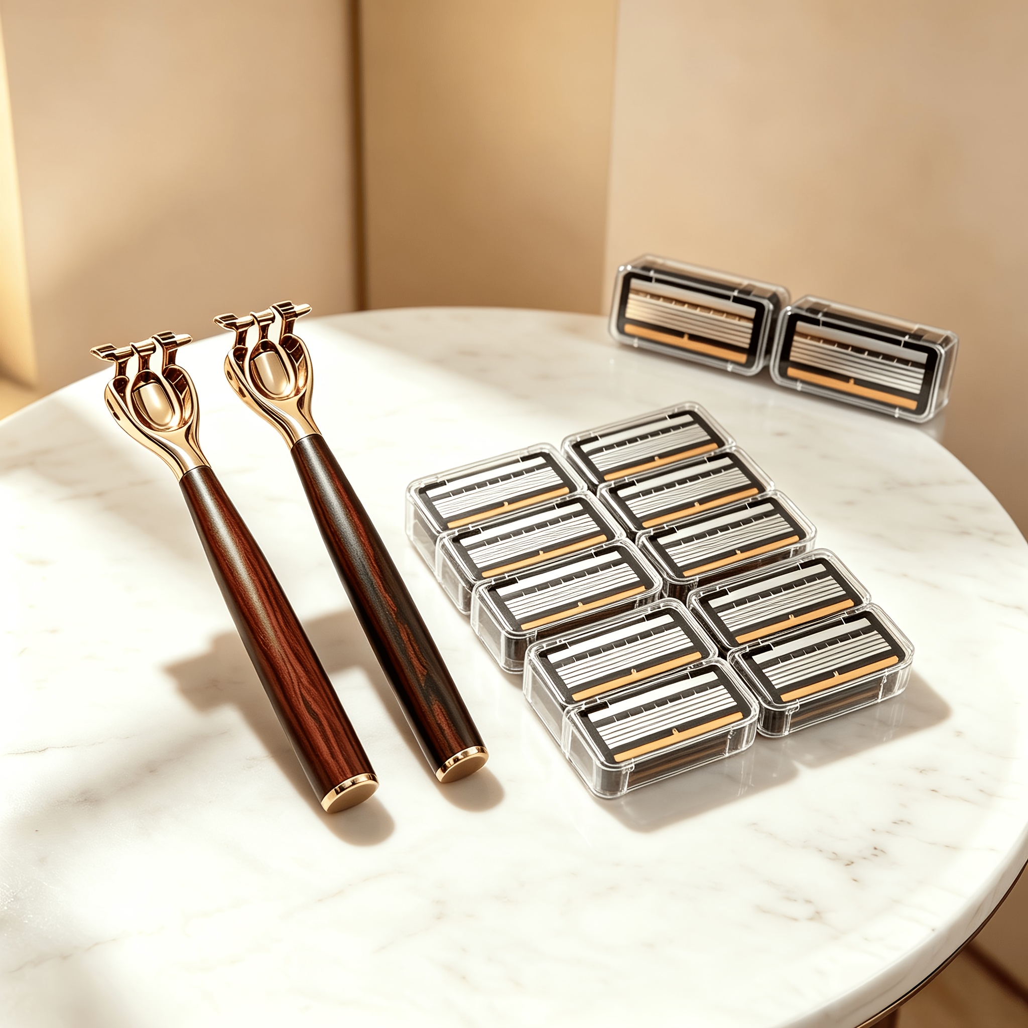 TEMU Wood Grain Texture Manual Safety Razor, 2pcs Handles And 12pcs 14pcs Set, High-quality Light Luxury Vintage Men's Shaver, 1 Year Use, 6-layer