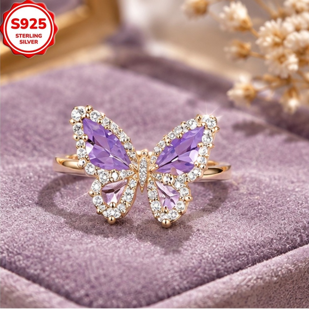Women's 3D Purple Butterfly Shaped Adjustable Ring with Zirconia