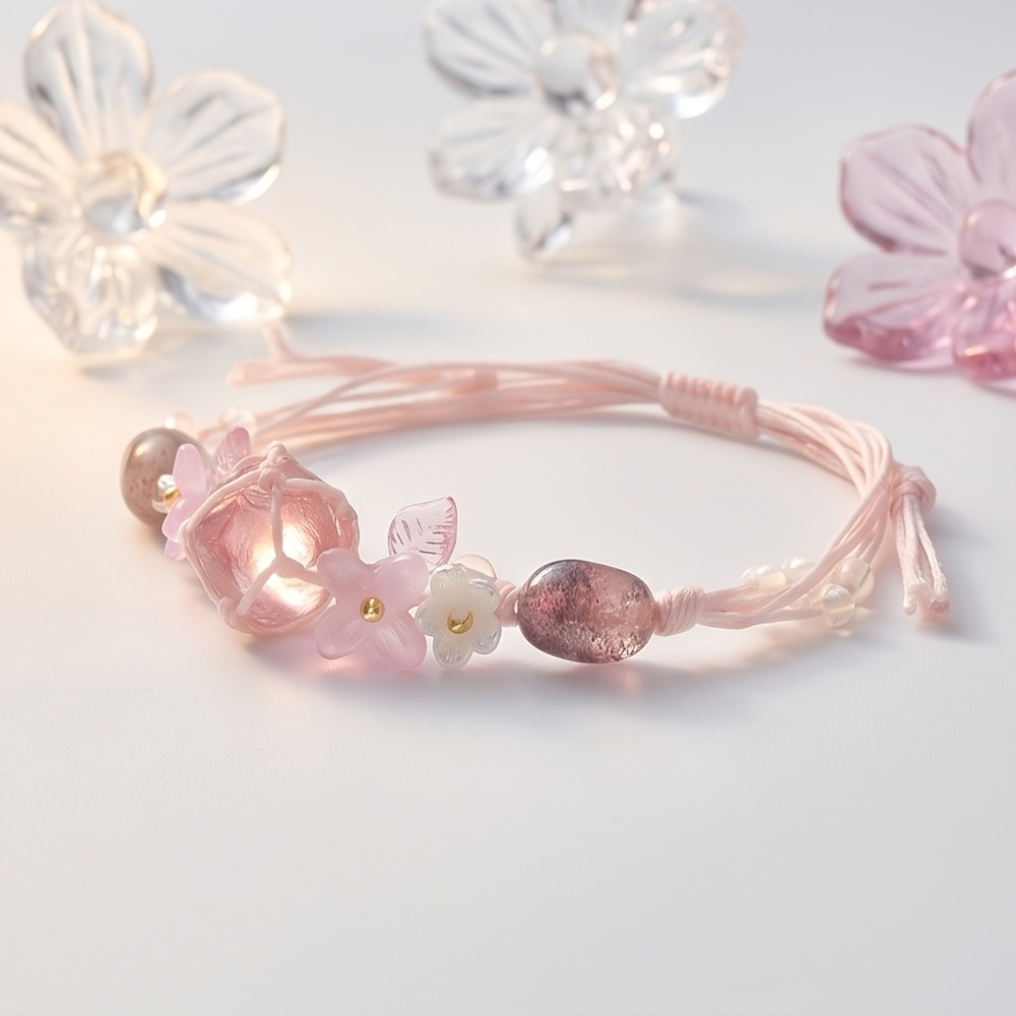 Handmade Adjustable Rose Quartz & Strawberry Quartz Bracelet, Floral Design
