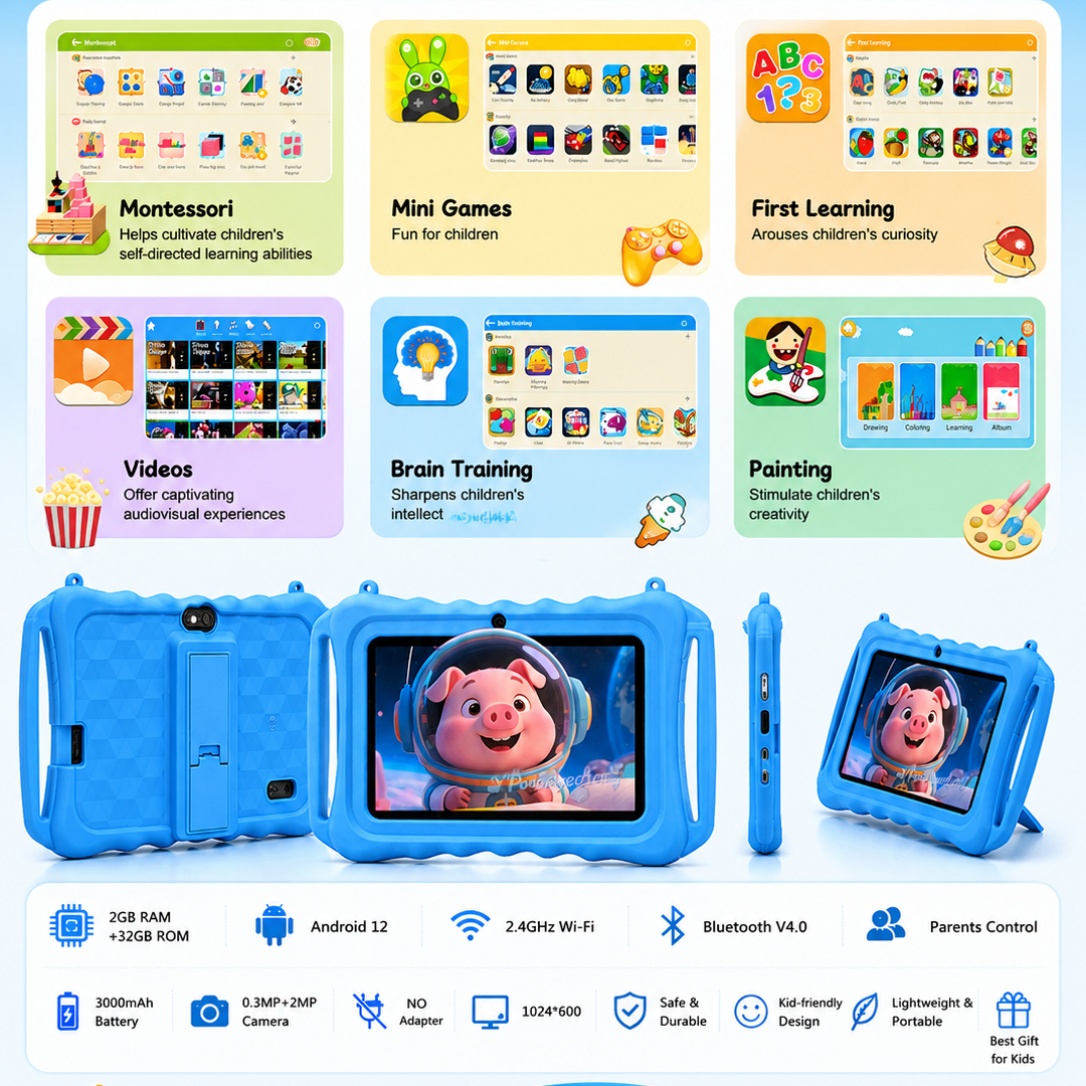 tablet 7 pulgadas todo en   para niños  , control parental, software  , soporte 3d,   cable usb y     para tablet, libros de canciones infantiles, tablet, pad