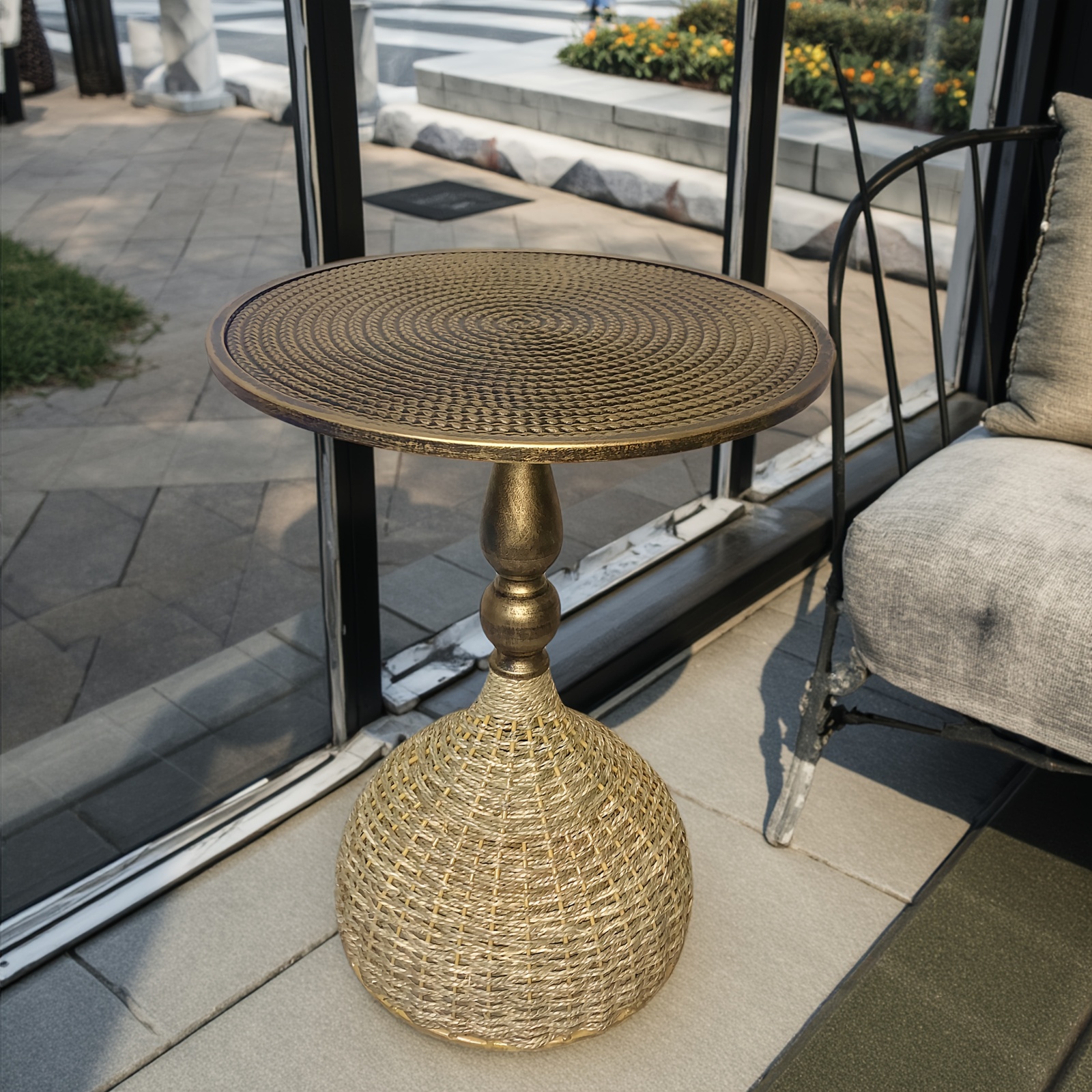 Handcrafted Wicker Iron Artistic Water Grass Rope Braided Tea Table Side Table Flower Rack Living Room Sofa Side Table Study Room Balcony Inn Outdoor Coffee House Bar, Garden Patio Bedroom Decoration