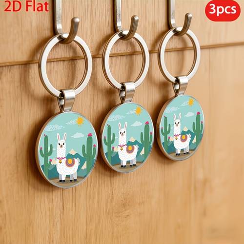 2d flat 3pcs womens keychain keyring unisex cartoon alpaca desert landscape theme exquisite pattern 2d flat alloy keychain portable small pendant suitable for hanging home door car keys travel essential key storage decoration