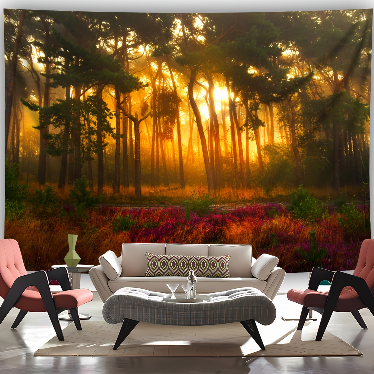 Mysterious Sunset Forest Landscape Tapestry Large Wall Hanging_voghion.com