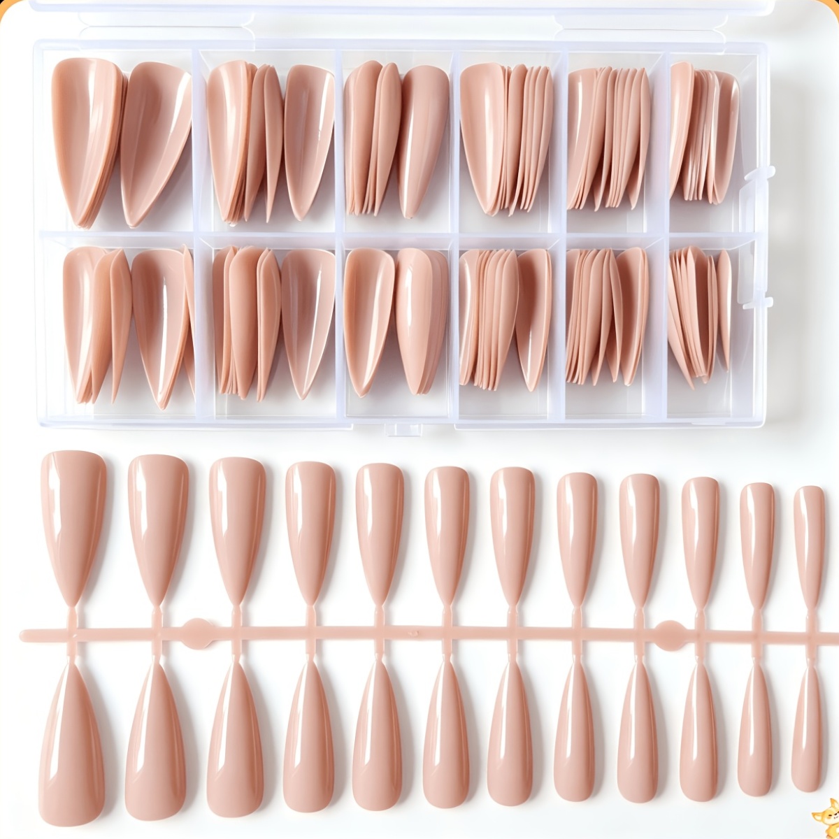 TEMU 120pcs Nude Color Long Teardrop Shape Press-on Fake Nails, Set (12 Sizes), Reusable
