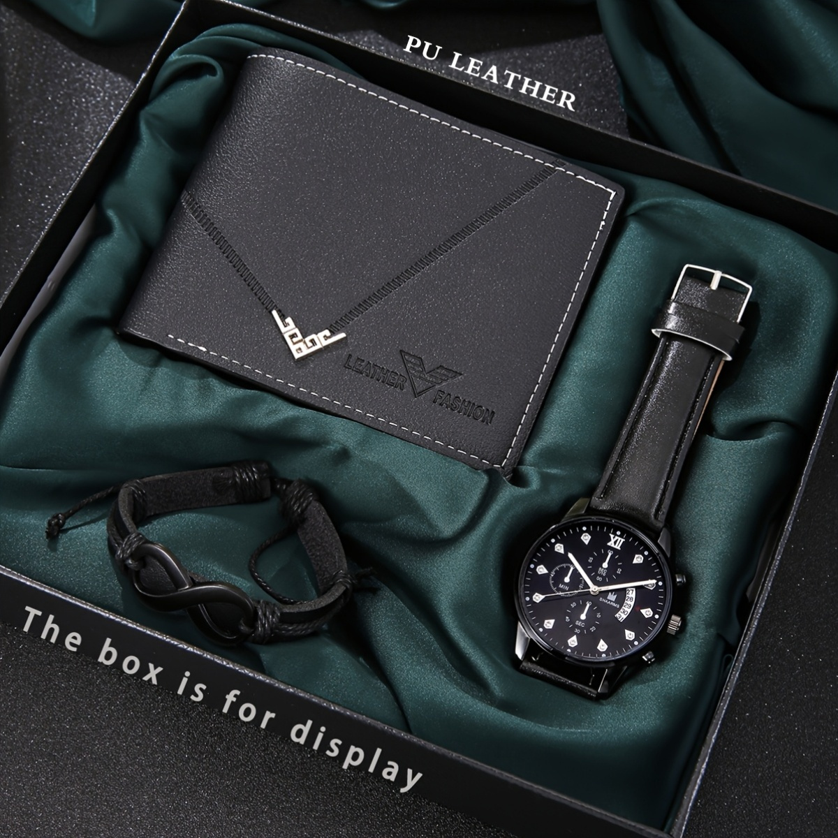Conjunto de regalo de 3 piezas para hombre, que incluye un reloj con correa de piel sintética, una cartera y una pulsera, la combinación estándar perfecta para que los hombres eleven su estilo.