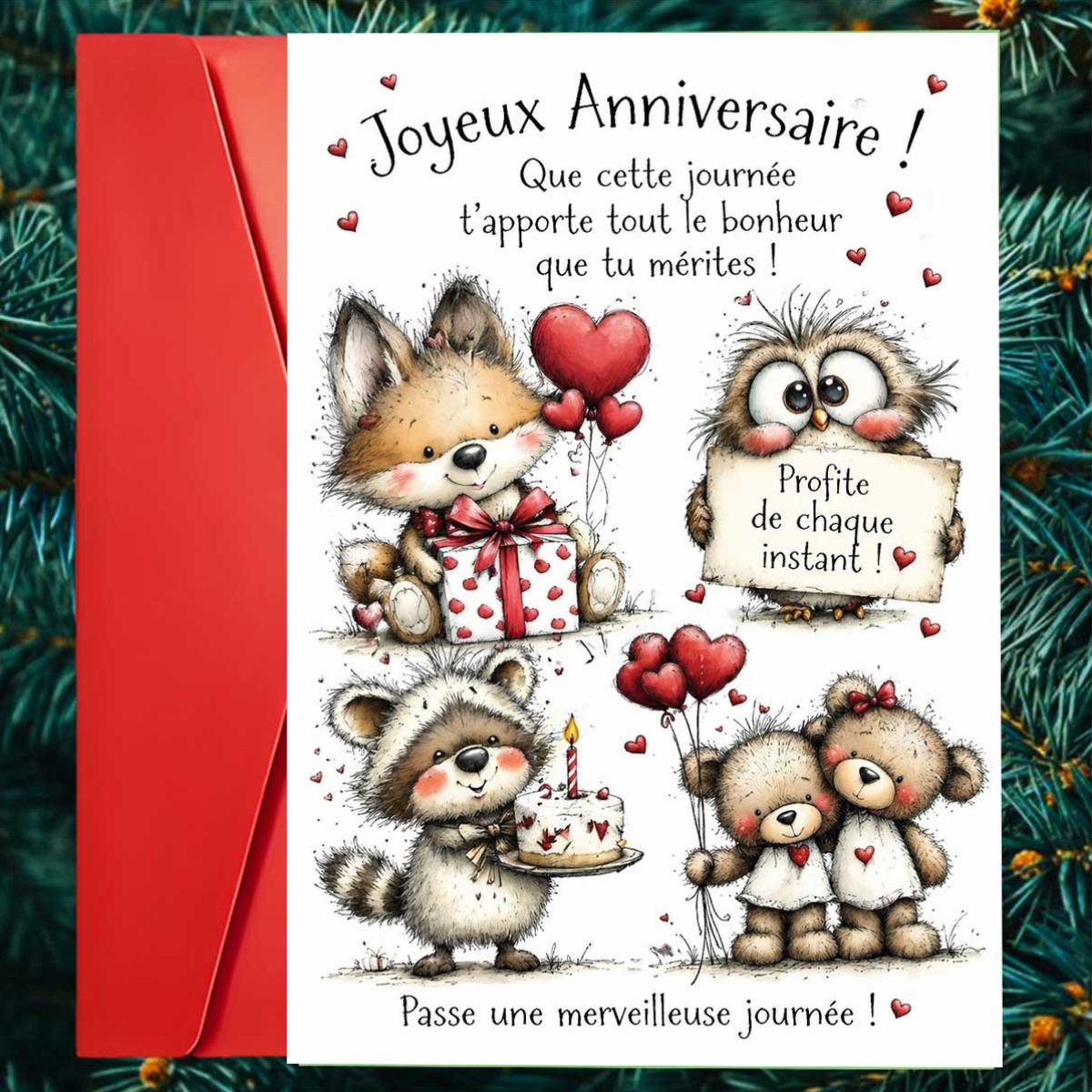 TEMU 1 carte de vœux et 1 enveloppe. Carte d'anniversaire 2D plate et mignonne avec renard et , français " Anniversaire", thème de cœur, convient ,