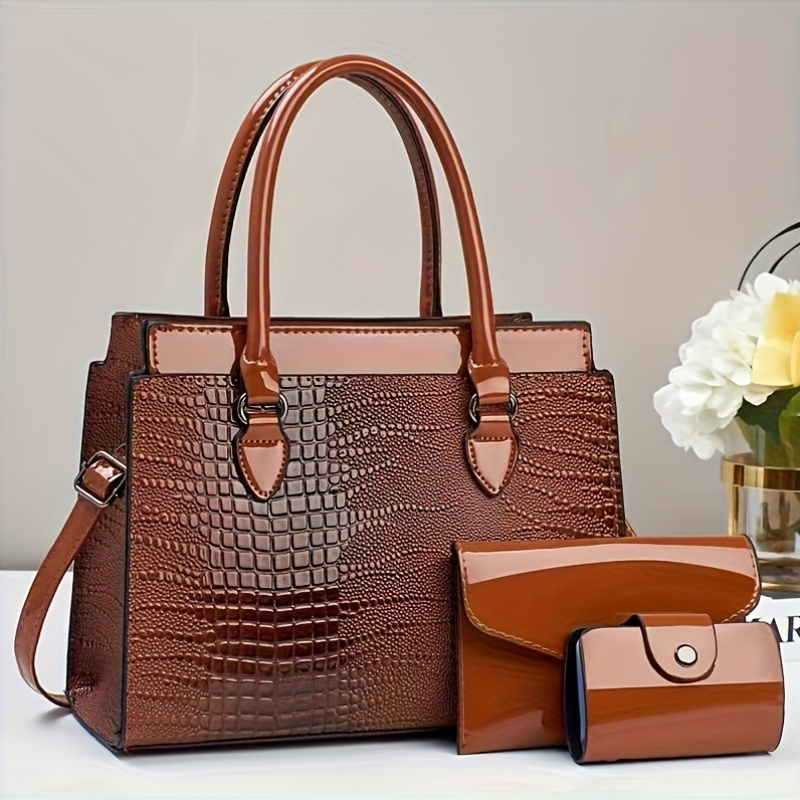 Three-piece set of Ramadan festival style mom handbags with classic crocodile pattern Women's bag set, single shoulder bag and handbag with wallet, suitable for gifts, work travel