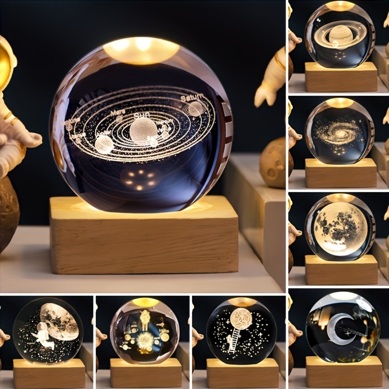 new 6cm square wooden base crystal glass decorative ball creative interior carved solar system moon saturn     light birthday gift for her or him study living room desktop decoration