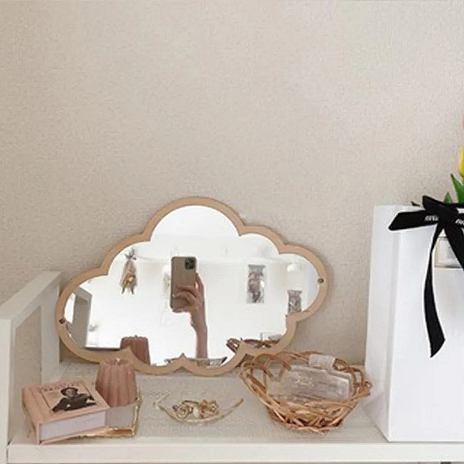 Cloud Shape Mirror Wooden Frame Acrylic Makeup Mirror Nordic Wooden Cloud Mirror Sticker Cute Home Decor