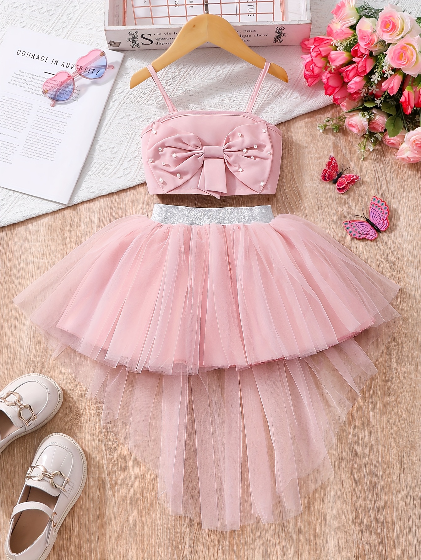 Crop Top Pink Tutu Skirt 2-piece Outfit Set Elegant Spring/summer
