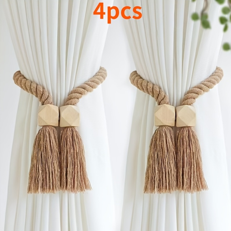 4pcs Ya Mei Magnetic Curtain Ties. Easy Wooden Tassel Curtain Hooks. Suitable for Curtain Fixation in Bedrooms, Living Rooms And Kitchens. Home Decor
