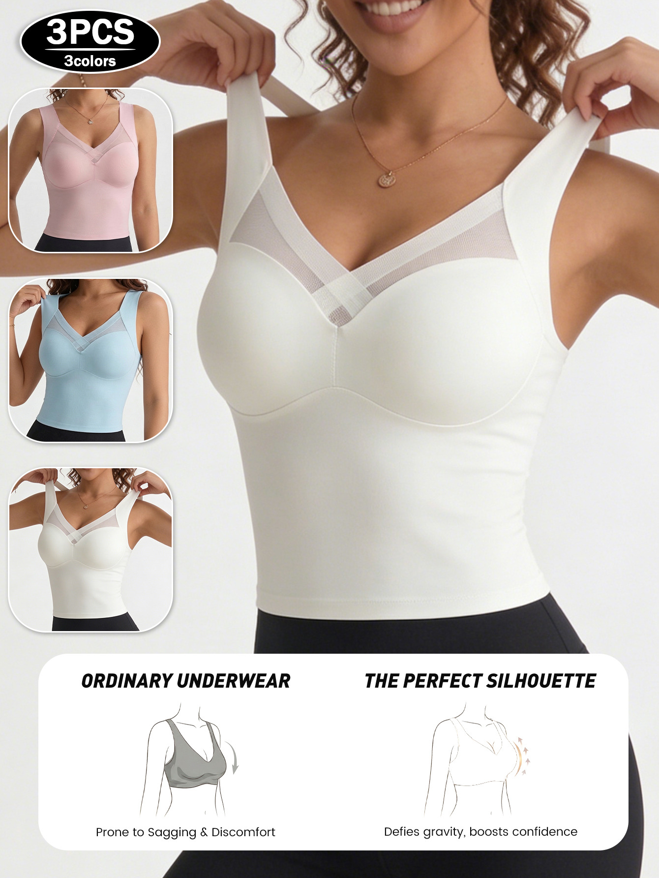 3 pack womens solid   piece vest style   wide shoulder straps body shaping style mesh crossover splicing design on   wireless fixed cup pad smooth   feeling fabric suitable for  