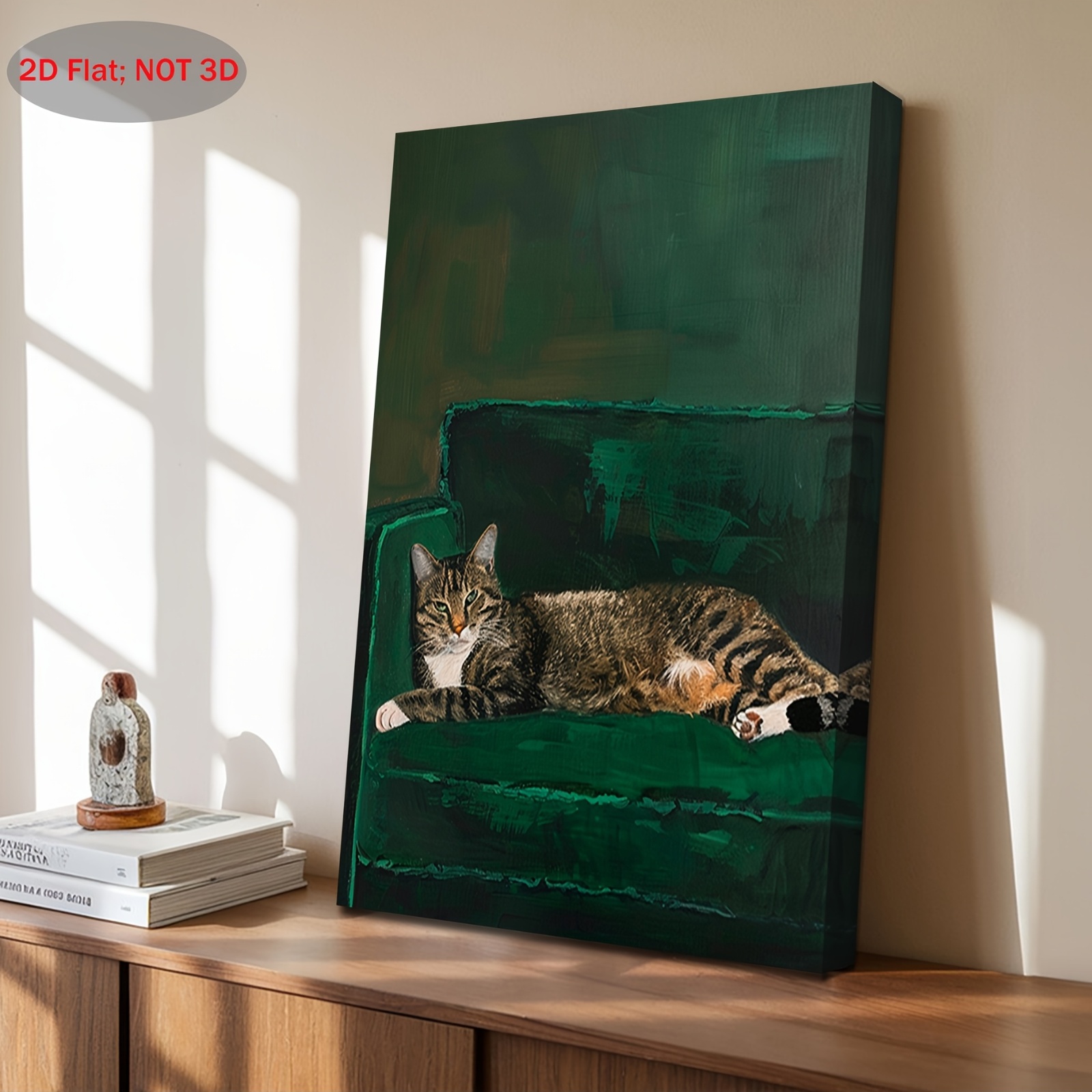 Image of 2d Flat, 2d Flat 1pc 2d Flat Frame Canvas Painting Wall Art Velvet Green Couch Animal Print Cozy Home Decor Therapist Cat Lover Gift Relaxing Calm Bedroom Decor Holiday Gift Beautiful Family Gift